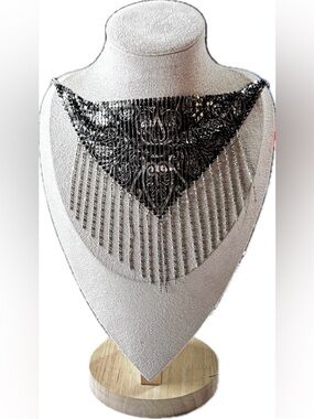 Black Fringe Beaded Statement Bib Necklace - Unbranded
